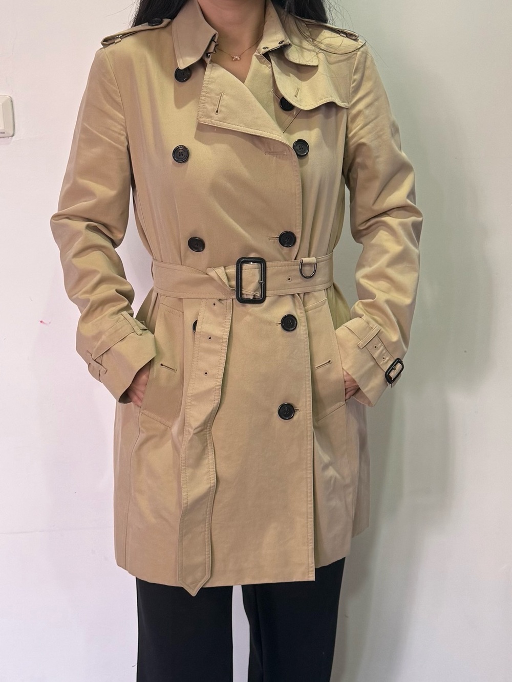 Authentic Burberry Tan Double-Breasted Trench Coat with Belt